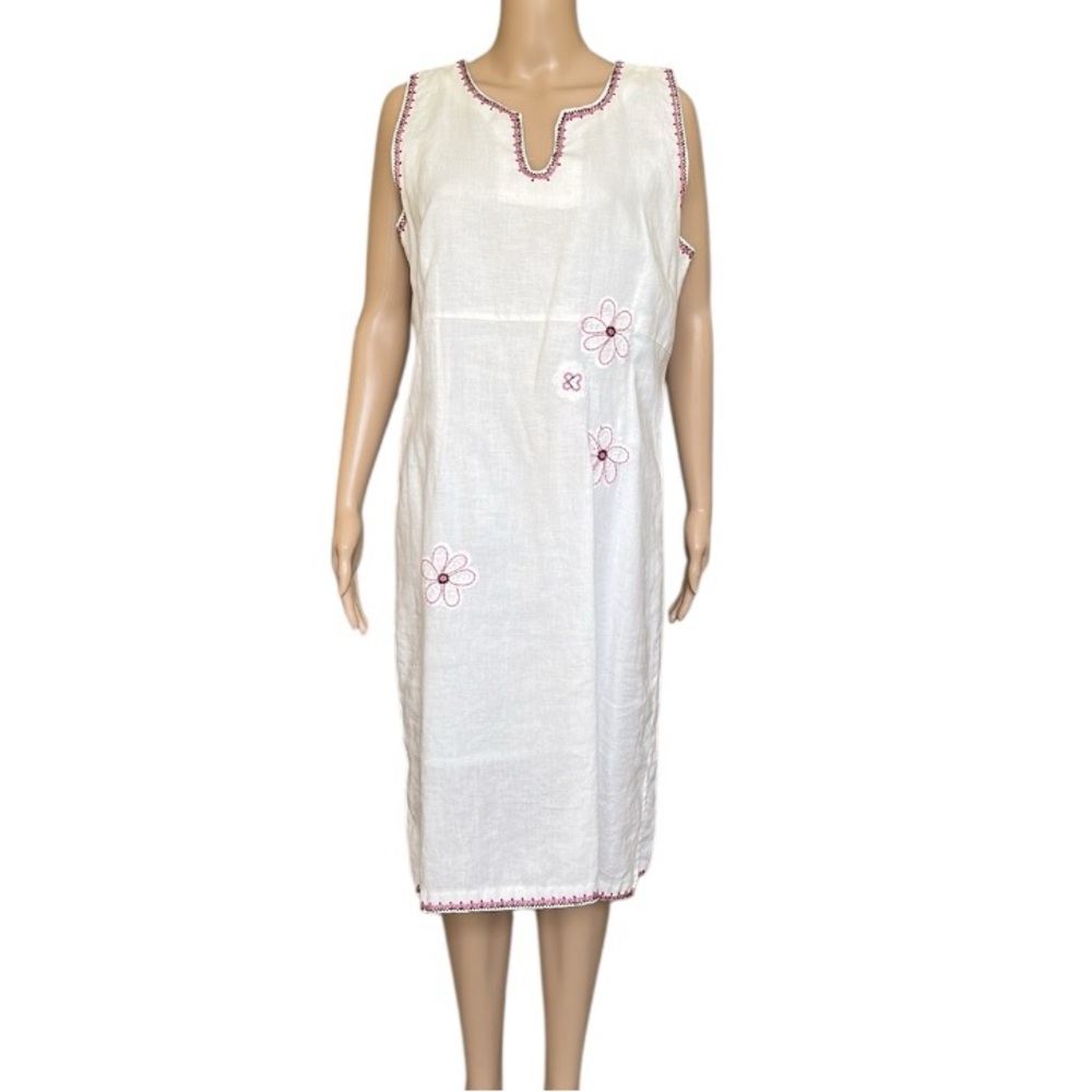 Will Smith White Linen Sleeveless Dress with Pink Flowers Embroidery Size XL